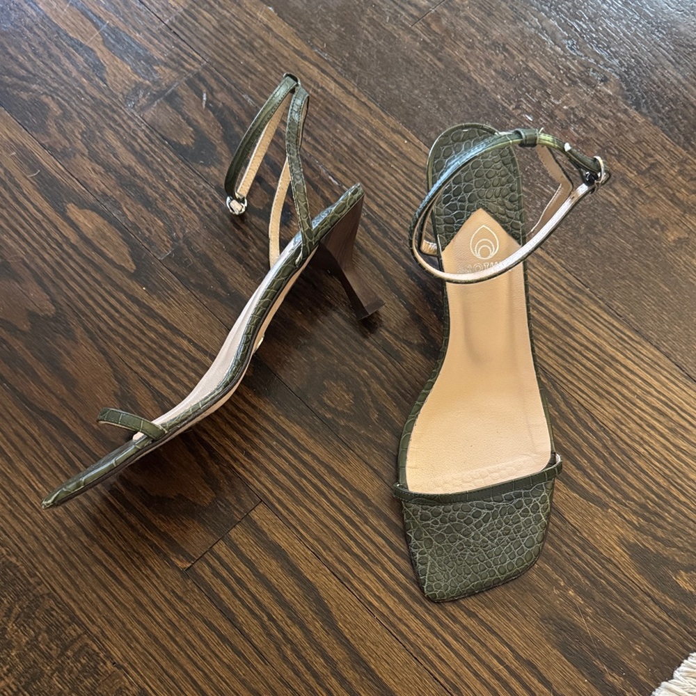Brother Vellies Dandridge Sandals in Green - Strappy Kitten Heels - Dark Green